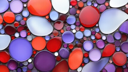 A vibrant abstract composition of round glass stones in various shades of red, purple, and white, This image can be used for decorative designs, backgrounds, or art projects,