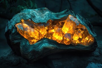 Obraz premium A petrified wooden fossil infused with glowing minerals, otherworldly and mysterious