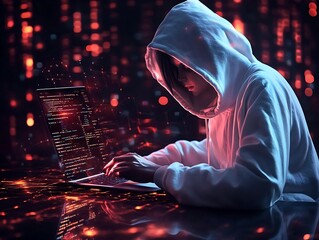 A hooded person is using a laptop to analyze data