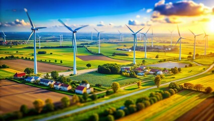 Miniature Windmill Farm: Clean Energy Power Generation, Tilt-Shift Photography
