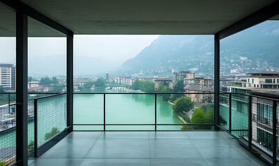 Stunning panoramic view of a city and lake from a modern balcony.  Tranquil cityscape with mountains in background.