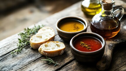 Rustic wooden table with hearty soups fresh bread a