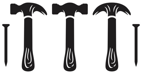 Variety of Hammers and Nails Silhouette. Isolated On Transparent Background.