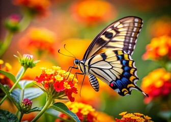 Fototapeta premium Miniature Yellow, Black & White Butterfly on Orange & Red Flowers - Tilt-Shift Photography