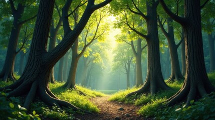 Sunlit Path Through a Mystical Forest of Ancient Trees, Leading to a Serene and Peaceful Destination