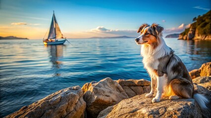 Mini Aussie Dog on Rocks, Calm Water, Sailboat Background - Adorable Pet Photography