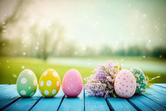 A group of colorful Easter eggs with polka - dot patterns in shades of green, yellow, pink, and white are placed on a blue wooden surface. Beside them is a bouquet of purple flowers, all set against a