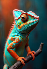 Chameleon blending into a colorful background