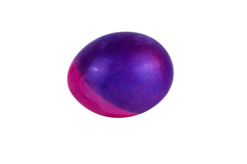 Vibrant single easter egg with   unique blend of purple and pink hues, isolated on white background. Color contrast, creativity, holiday decoration, symbolism of rebirth. Copy space. Selective focus
