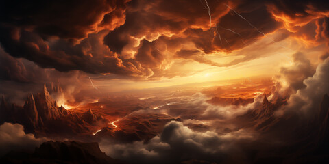 A dramatic landscape with swirling clouds and a fiery sunset illuminating the horizon.