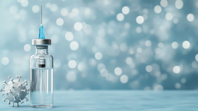Vaccine vial and syringe placed beside a virus model with a soft blue background illuminated by bokeh lights