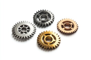 Four metallic gears in silver and gold, isolated on white background, symbolizing teamwork and mechanics.