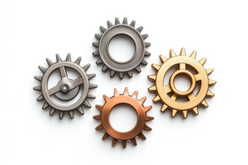 Four metallic gears of different colors interlock, symbolizing teamwork and collaboration.