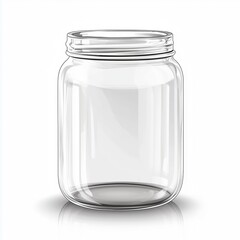Realistic illustration of an empty transparent glass jar with a simple design, sharp details, and reflections on a clean white background