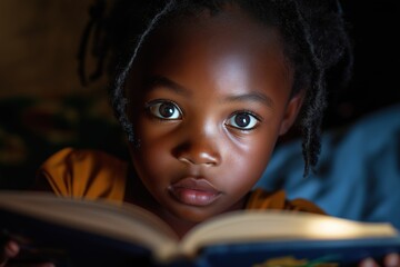 Child reading a book with focused expression in dim light, showcasing curiosity and imagination, educational activity, learning concept