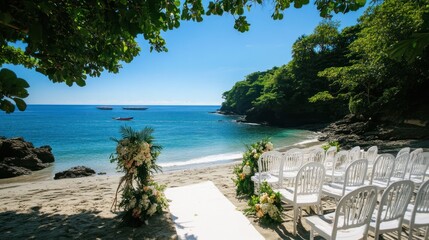 Naklejka premium Beach Wedding Ceremony Setup: Secluded Cove Paradise