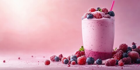 Delicious berry smoothie with fresh fruit on a textured pink background during daytime