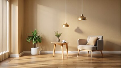 Minimalist Beige Room Interior: Side Table, Pendant Light, Wooden Floor - Stock Photo