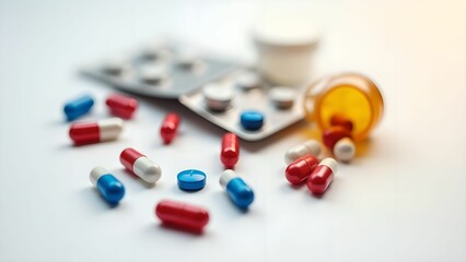 Colorful assortment of pills and capsules scattered on a surface after coming out of a container