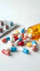 Colorful assortment of pills and capsules scattered on a surface after coming out of a container