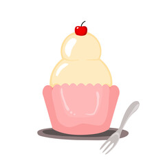 Minimalist Vector cupcake with vanilla ice cream and cherry. Soft pastel tones, clean and modern. Ideal for bakery branding, menus, and food designs. isolated on white background