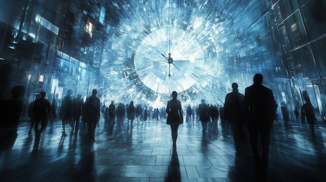 A shattered reality where people exist in multiple timelines, layered time dimensions, dramatic lighting