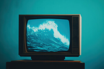 Fototapeta premium Retro TV Displaying Ocean Waves Nostalgia Meets Modern Aesthetics