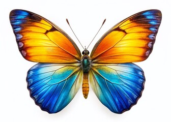 Obraz premium Minimalist Butterfly Photo: Vibrant Blue, Yellow, Orange Wings on White