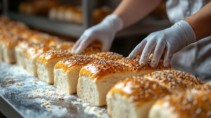 Hygienic bakery manufacturing facility, workers in gloves handling fresh bread, automated dough processing ensuring cleanliness and precision
