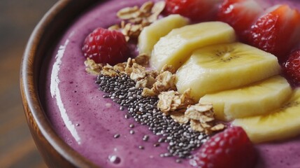 Bright Smoothie Bowls Topped with Chia Seeds and Granola