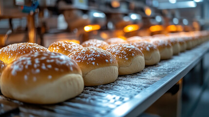Industrial bakery with dough being kneaded in large mixers, high-speed bread cutting machines, and automated frosting dispensers