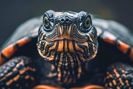 Close-up of a painted turtle showcasing its intricate skin patterns and captivating gaze, highlighting the beauty and unique details of this reptile species