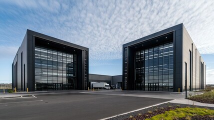 Modern industrial buildings with large glass facades located in an expansive commercial area under a cloudy sky during daylight