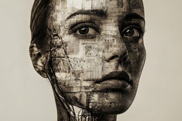 A woman's face overlaid with data, charts, and grids; a surreal blend of human and machine.