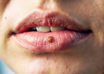 Obraz premium Minimalist Close-up: Blister at Mouth Corner, Skin Lesion, Cold Sore