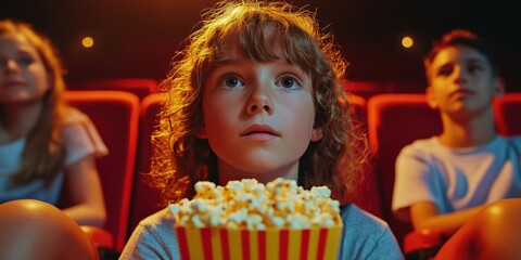 Children enjoy a movie in a theater while watching a film with popcorn in hand