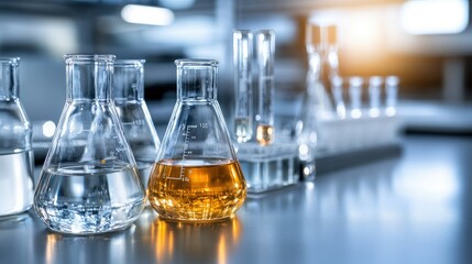Colorful laboratory glassware displaying clear and amber liquids in a well-organized modern workspace during daylight