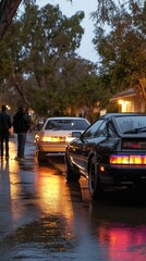 Fototapeta premium Vintage automobiles are lined up along a glistening, rain-soaked street at dusk, their reflections shimmering in the puddles, while groups of people engage in lively conversation nearby