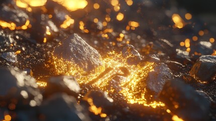 Glowing Lava Flow on Rocky Surface with Bright Sparks and Fiery Effect Against Dark Background in Dramatic Eruption Scene
