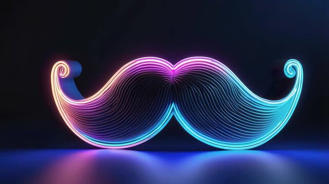 Neon glowing mustache animation with colorful light waves and reflections. Happy Father's Day.