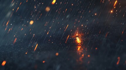 Dramatic Scene of Rain with Glowing Sparks and Reflection in Dark Background for Atmospheric Visuals and Textures