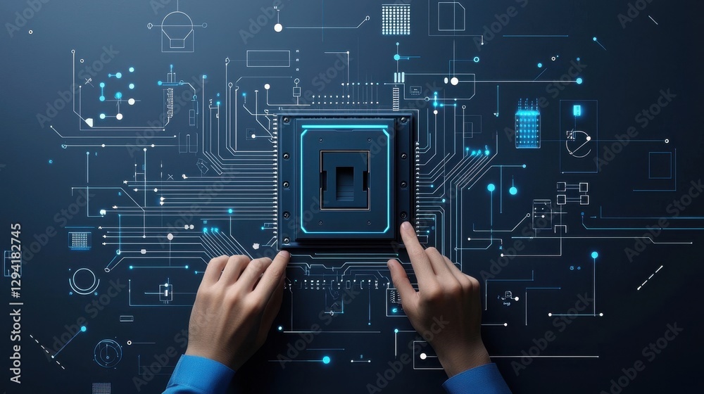 Poster hands interacting with an advanced microprocessor on a dark high-tech background featuring digital c