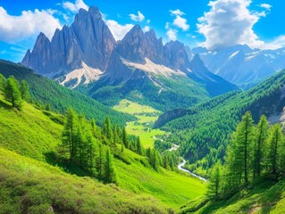 Fototapeta premium Majestic Dolomites mountain range landscape with lush green valleys and a winding river under a bright blue sky.