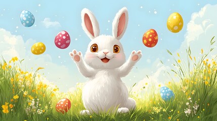 Fototapeta premium Cartoon-style Easter bunny juggling colorful eggs, fun and playful vector illustration