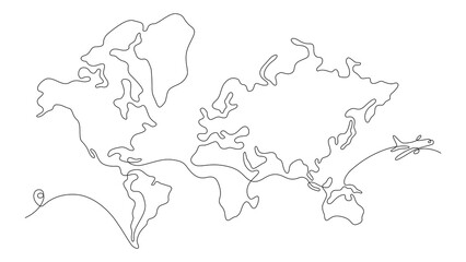 Hand drawn continuous one line world map isolated on transparent background