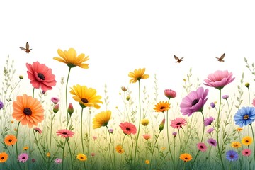 Fototapeta premium Vibrant Floral Field with Butterflies - Beautiful Flowers and Plants Image