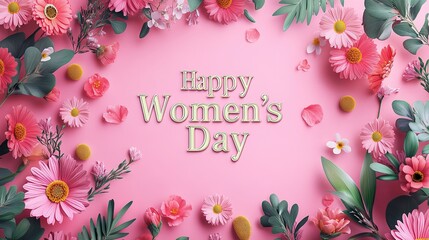 A pink flowers and green leaves surrounding the "Happy Women's Day" text on a vivid pink backdrop, great for celebrating International Women's Day and expressing sincere wishes to women.
