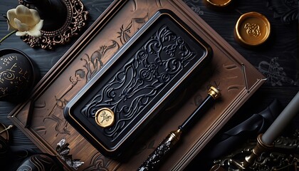 Luxury Black Easter Chocolate Tin Mockup With Gothic Calligraphy Golden Wax Seal 