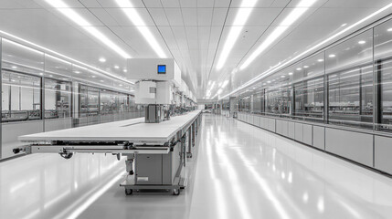 Obraz premium Smart clean factory with fully automated robotic assembly lines, pristine white floors, air purification technology, and digital dashboards displaying real-time cleanliness data