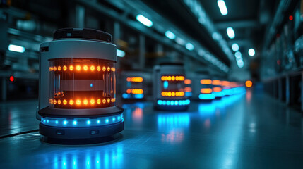 UV light disinfection robots patrolling a high-tech laboratory factory, autonomous sanitation ensuring contamination-free production of medical devices